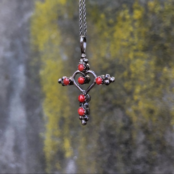 Vintage Red Coral / Turquoise Cross Necklace - Picture 6 of 8